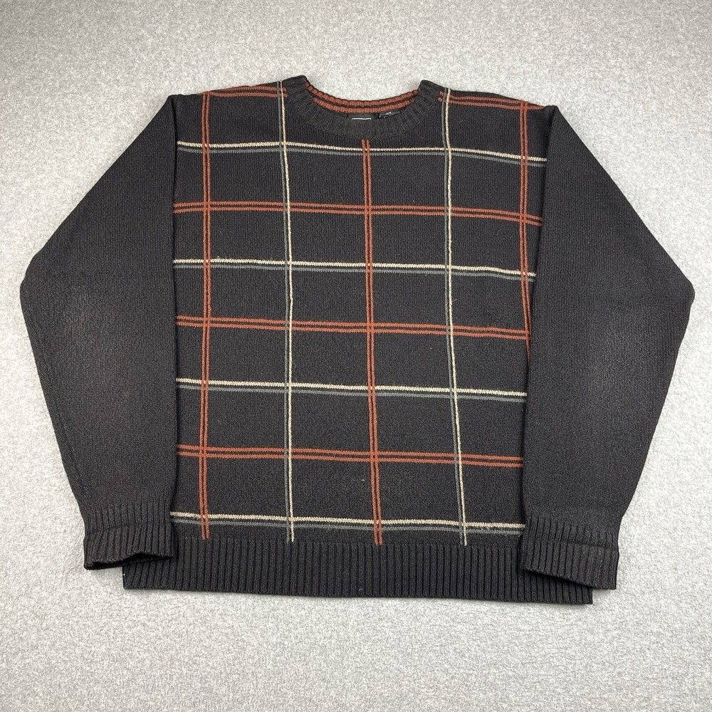 VTG Haggar Sweater Mens Large Brown Crewneck Earth Tone Check Pullover Striped